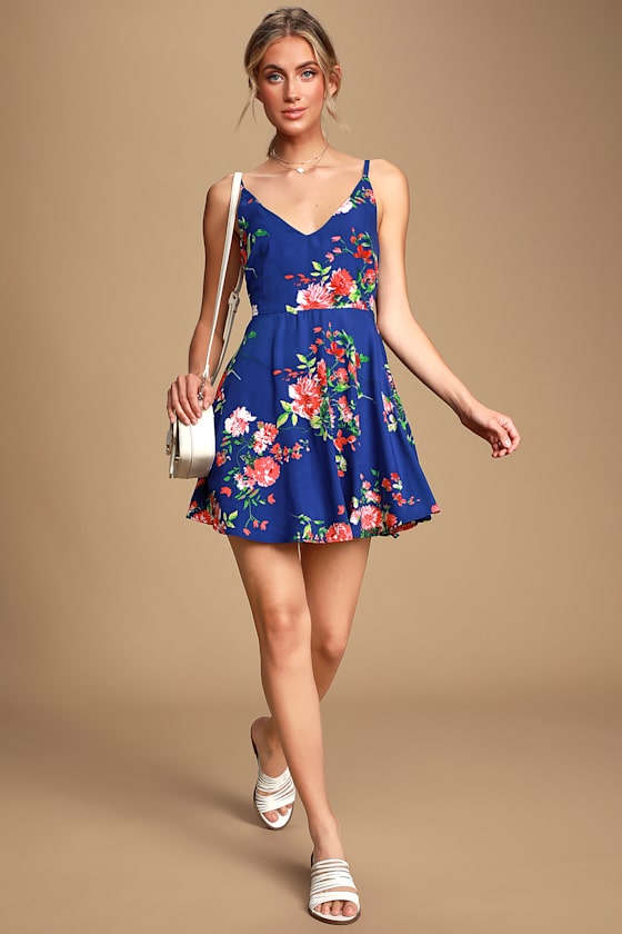Bridge to Love Cobalt Blue Floral Print Skater Dress 1