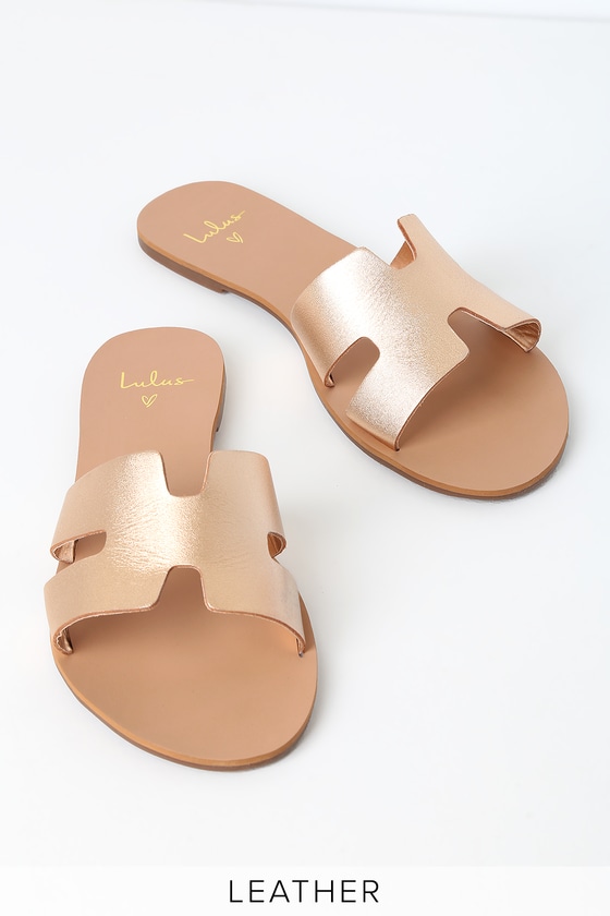 Lulus Cadence - Rose Gold Nappa Leather Sandals - Slide Sandals