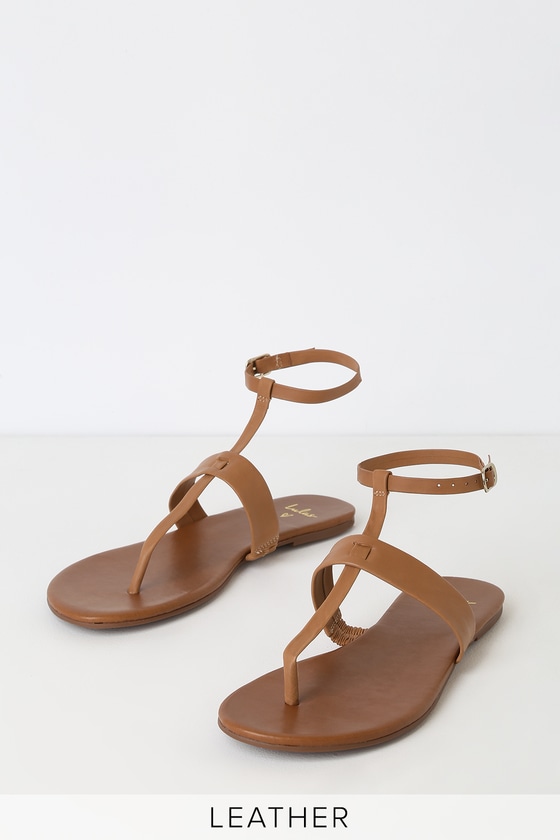 Cute Cognac Sandals - Vachetta Leather Sandals - Flat Sandals