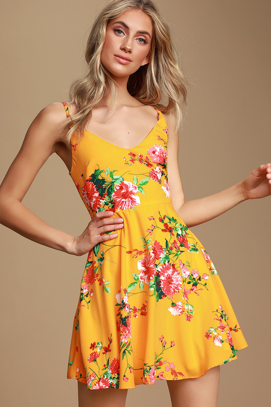 Pretty Yellow Floral Print Dress - Skater Dress - Short Dress - Lulus