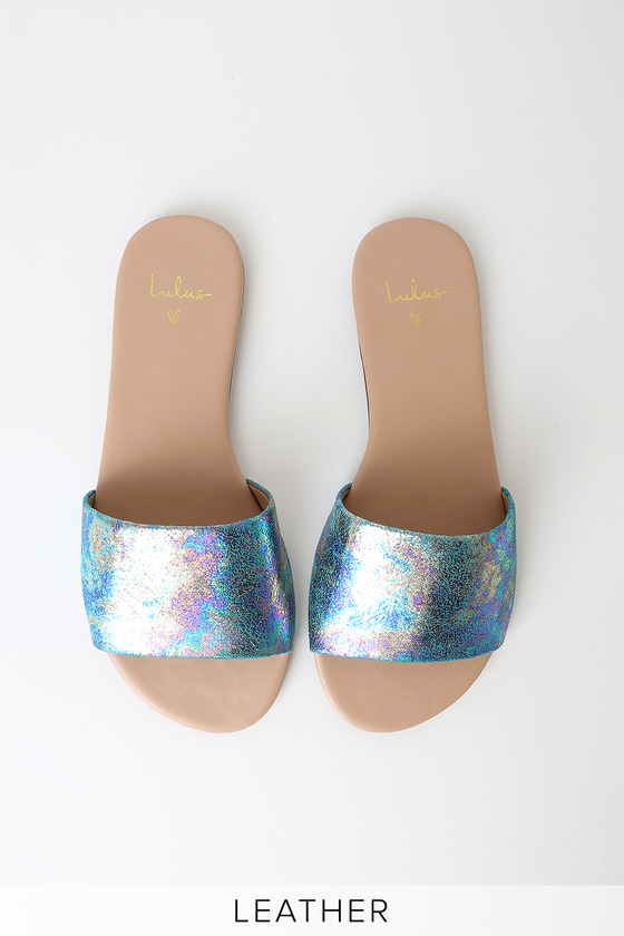 Cute Slide Sandals - Hologram Slide Sandals - Leather Slides - Lulus