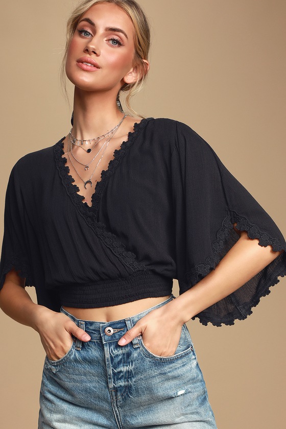 Chic Black Top - Lace Top - Surplice Top - Lace Crop Top - Lulus