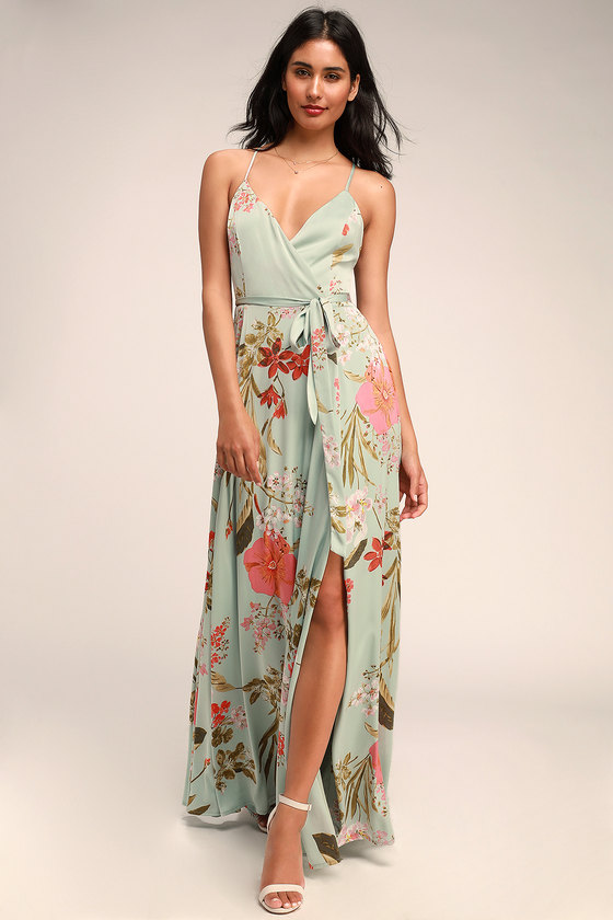 Sage Green Dress - Floral Print Dress - Surplice Maxi Dress