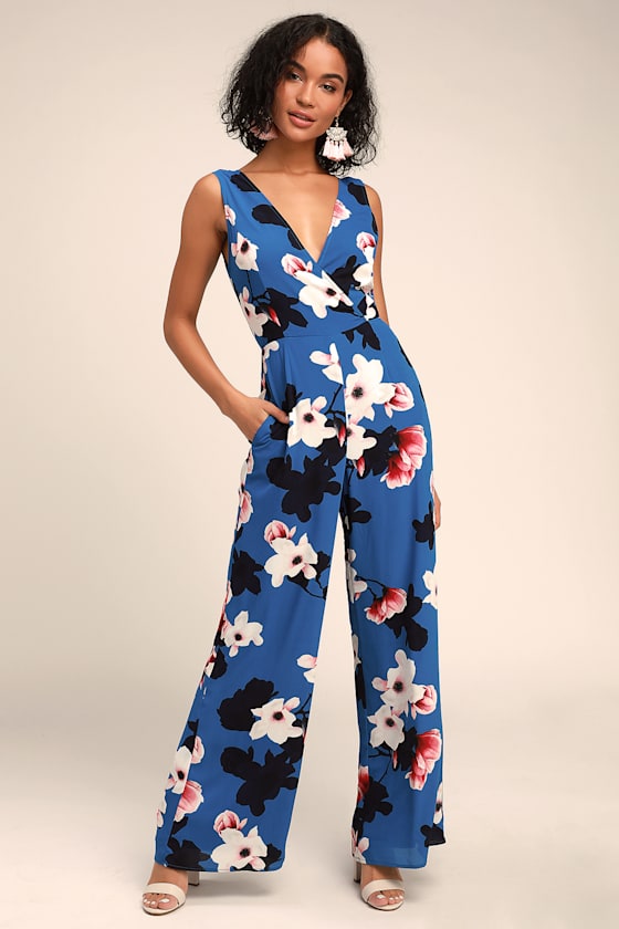 Cute Blue Jumpsuit Floral Print Jumpsuit WideLeg Jumpsuit Lulus