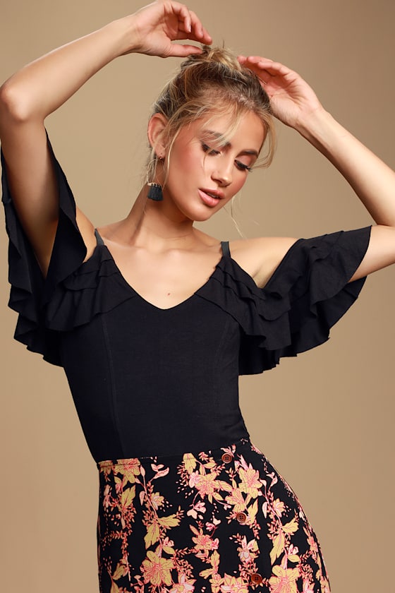 Cute Black Tank Top - Off-the-Shoulder Tank - Ruffled Tank Top