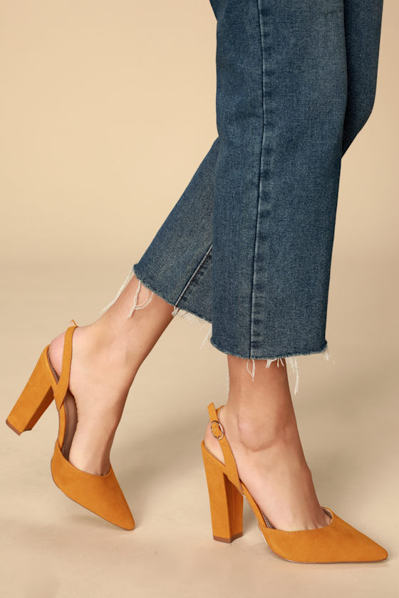 Cheery Mustard Suede Pointed-Toe Slingback Pumps 2