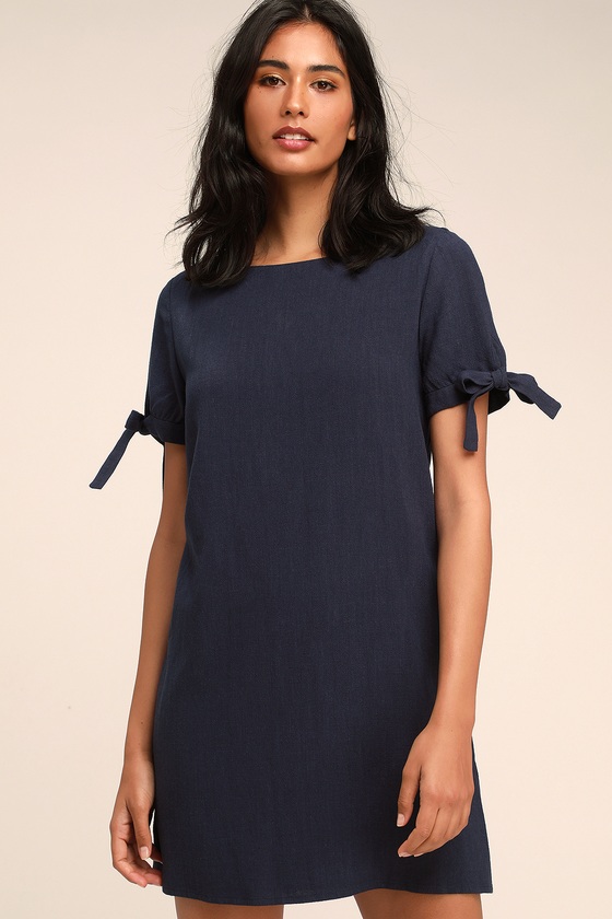 blue linen shift dress