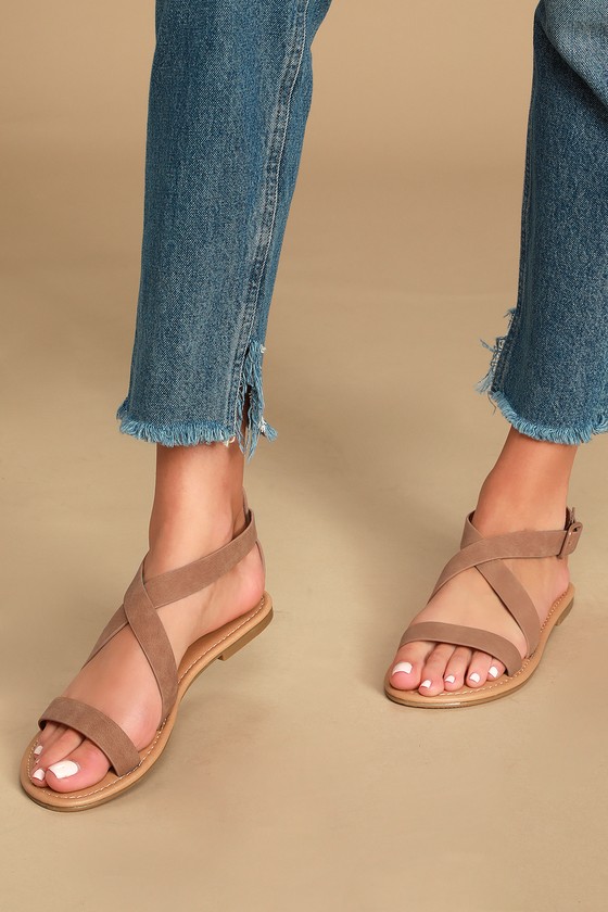 Cute Tan Sandals - Flat Sandals - Vegan Suede Sandals