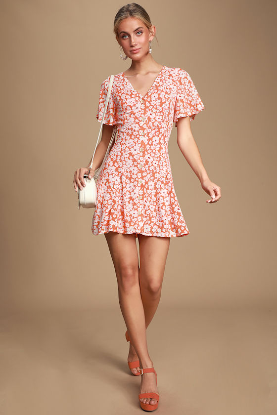 Orange Floral Print Mini Dress