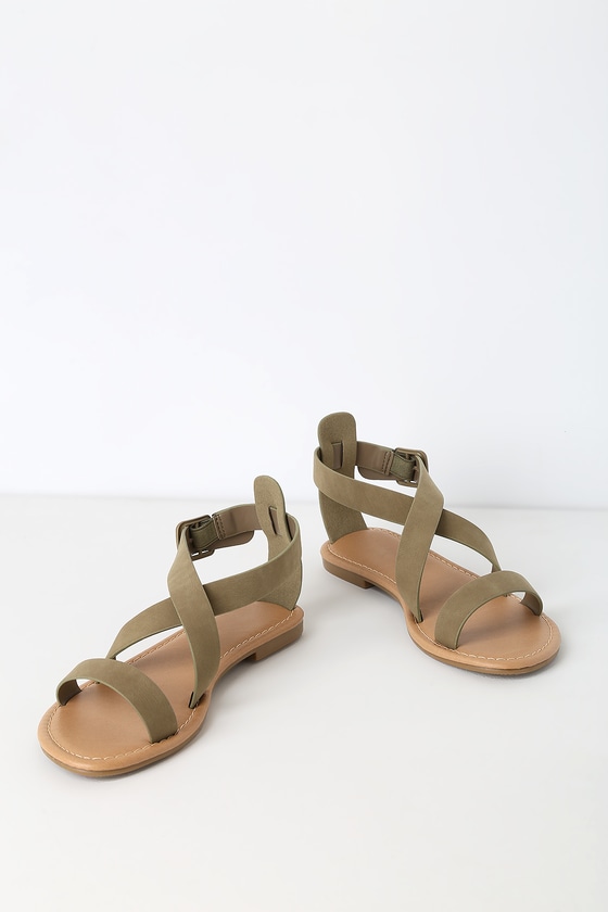 Cute Khaki Green Sandals - Flat Sandals 