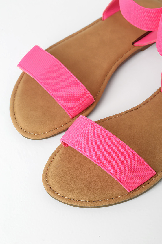 Cute Neon Pink Sandals - Elasticized Sandals - Ankle-Wrap Sandals