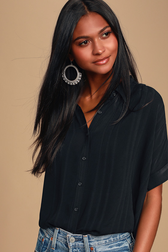 Cute Black Tee - Button-Up Top - Short Sleeve Top - Collared Top - Lulus