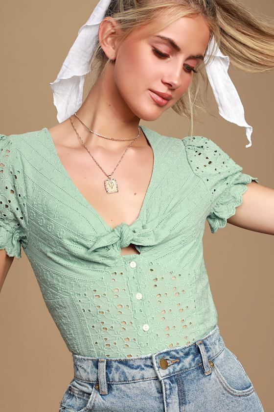 431 Lime Jersey Top with Eyelet Trim and Flower Detail main image 0