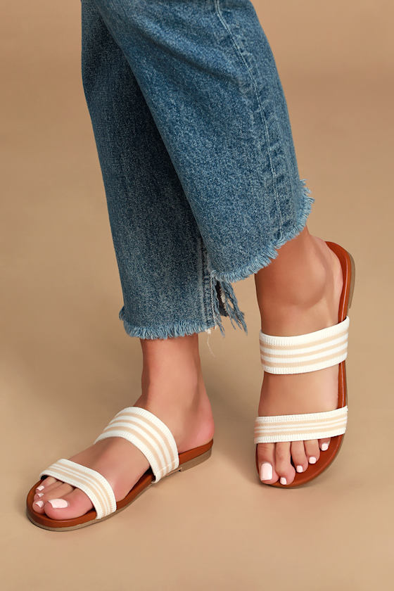 Tamryn Natural and White Striped Slide Sandals 2