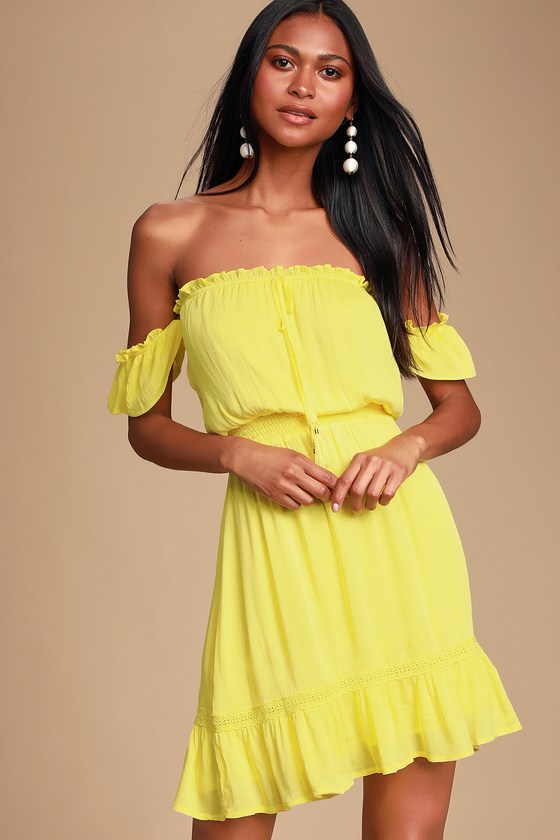 neon yellow off the shoulder dress