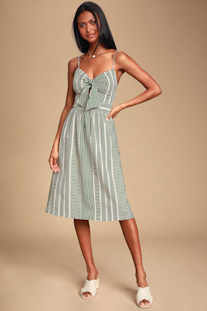 Green Striped Dress - Tie-Front Dress - Midi Dress - Skater Dress - Lulus