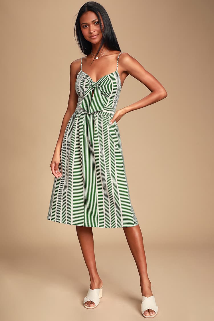 Green Striped Dress - Tie-Front Dress - Midi Dress - Skater Dress - Lulus Green Striped Dress - Tie-Front Dress - Midi Dress - Skater Dress - Lulus