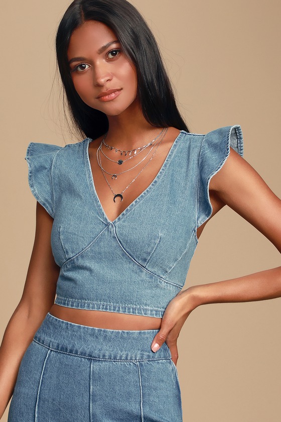 Veronica Medium Wash Denim Ruffled Crop Top