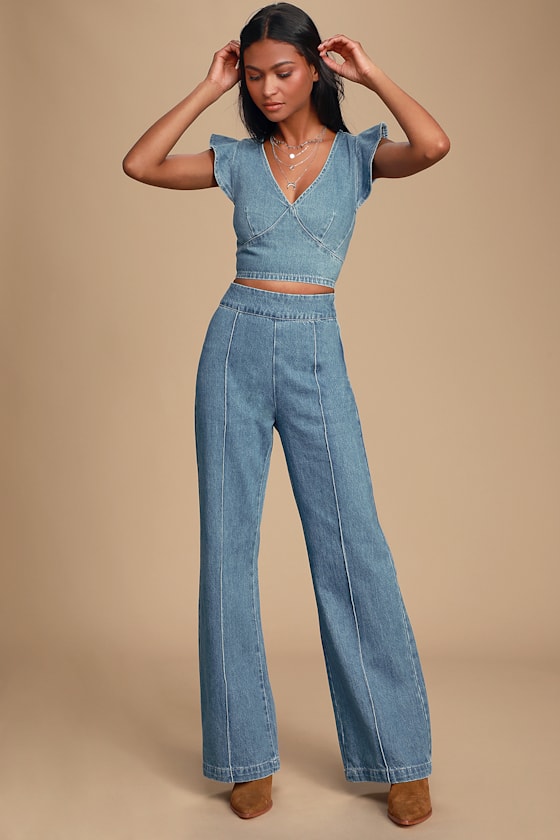 Veronica Medium Wash Denim Ruffled Crop Top 6