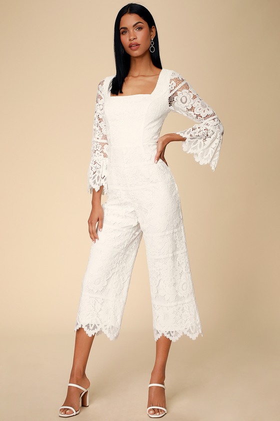 Sexy White Jumpsuit - Lace Jumpsuit - Flounce Sleeve Jumpsuit - Lulus