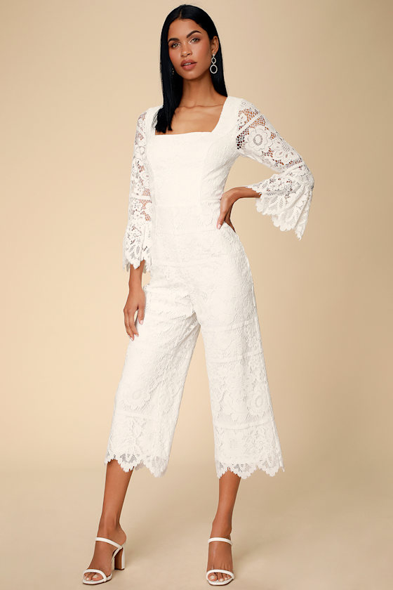 Sexy White Jumpsuit Lace Jumpsuit Flounce Sleeve Jumpsuit Lulus