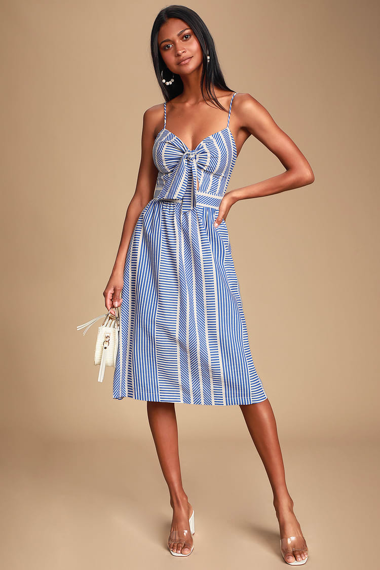 Blue Striped Dress - Tie-Front Dress - Midi Dress - Skater Dress - Lulus