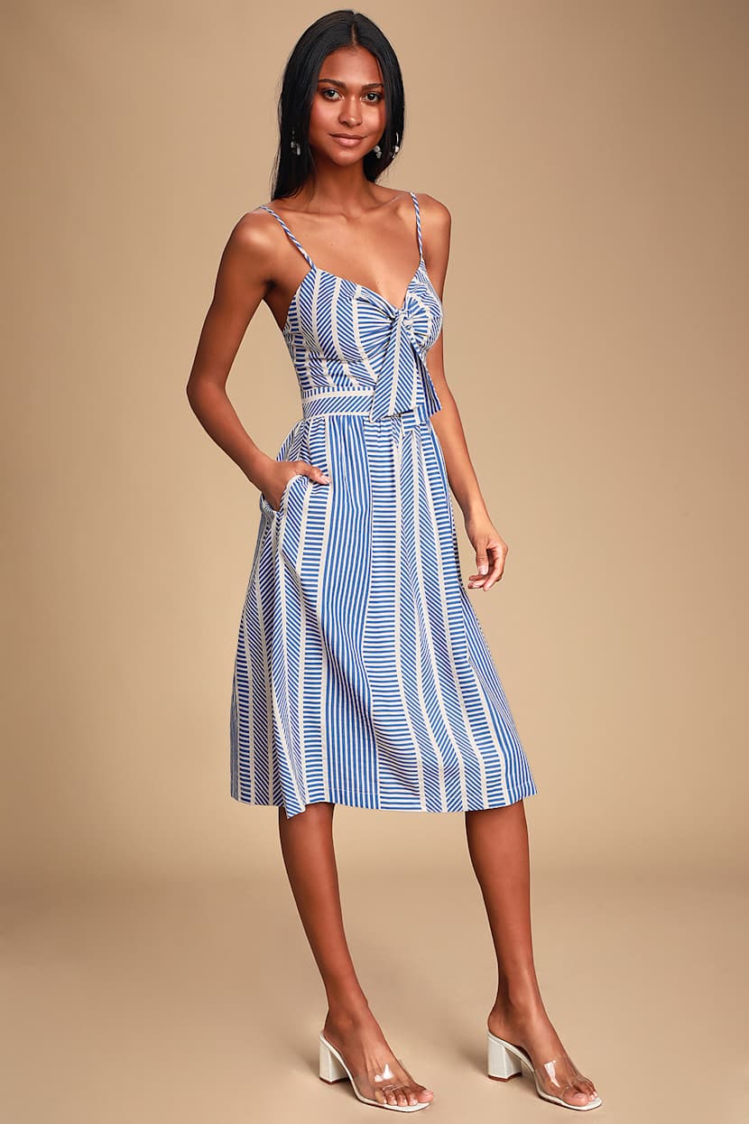 Blue Striped Dress - Tie-Front Dress - Midi Dress - Skater Dress - Lulus
