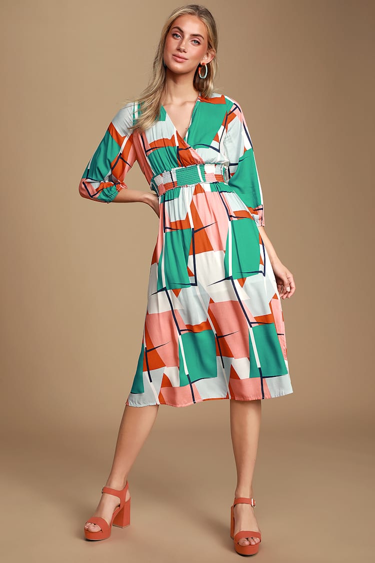 green and coral dress Cute Geometric Print - Midi Dress - Long Sleeve Midi Dress Gulkayra
