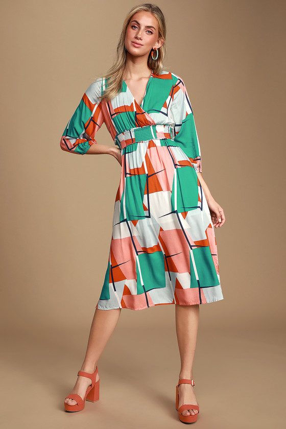 Cute Geometric Print Dress - Midi Dress - Long Sleeve Midi Dress - Lulus