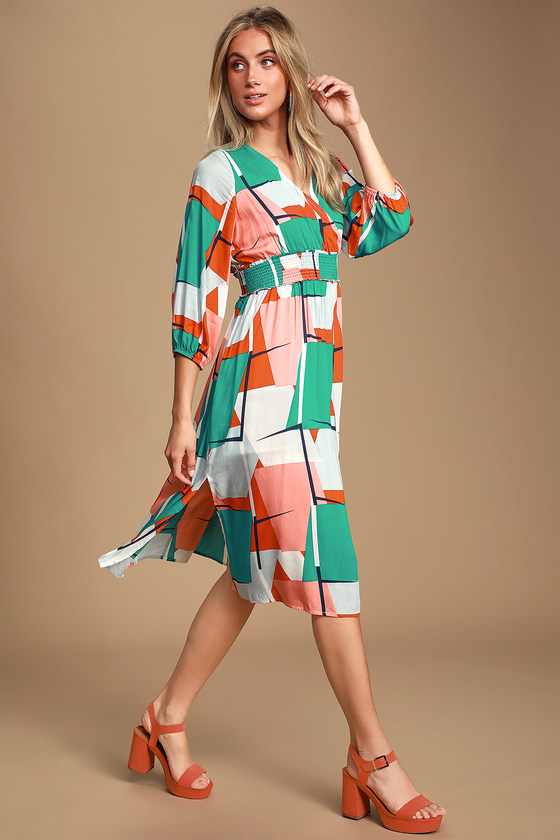 Gallery Walk Teal Green and Coral Geometric Print Midi Dress