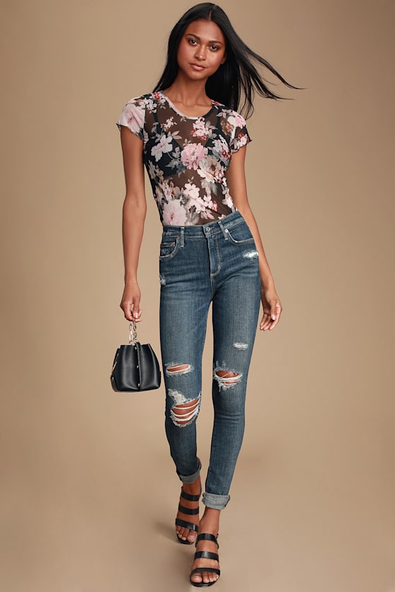 Rust Mesh Layering Tee (floral print)