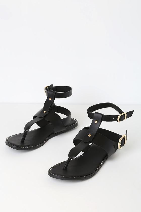 black strappy thong sandals