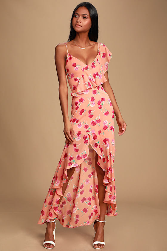Bloom Forever Coral Orange Floral Print Ruffled High-Low Dress 1