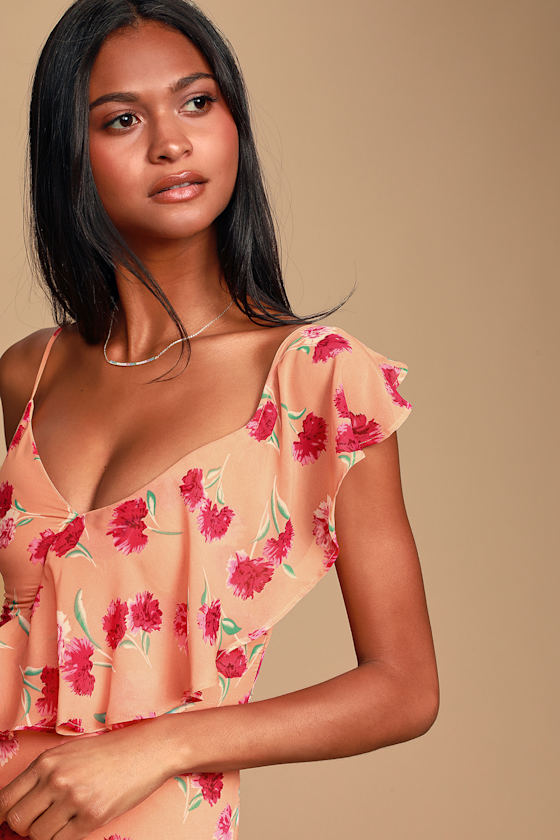 Bloom Forever Coral Orange Floral Print Ruffled High-Low Dress 2