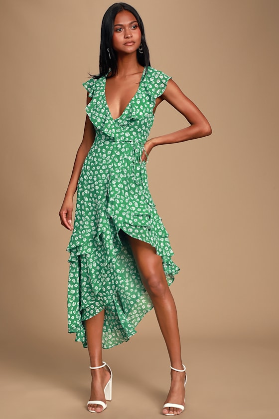 Cute Green Floral Print Dress Ruffled Dress Wrap Midi Dress Lulus