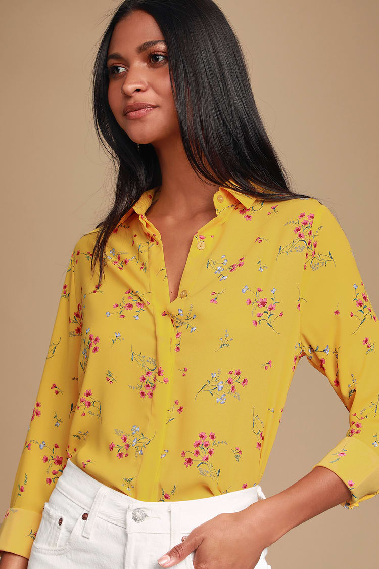 Exclusive Designer Fancy Yellow Flower Shirt For Women