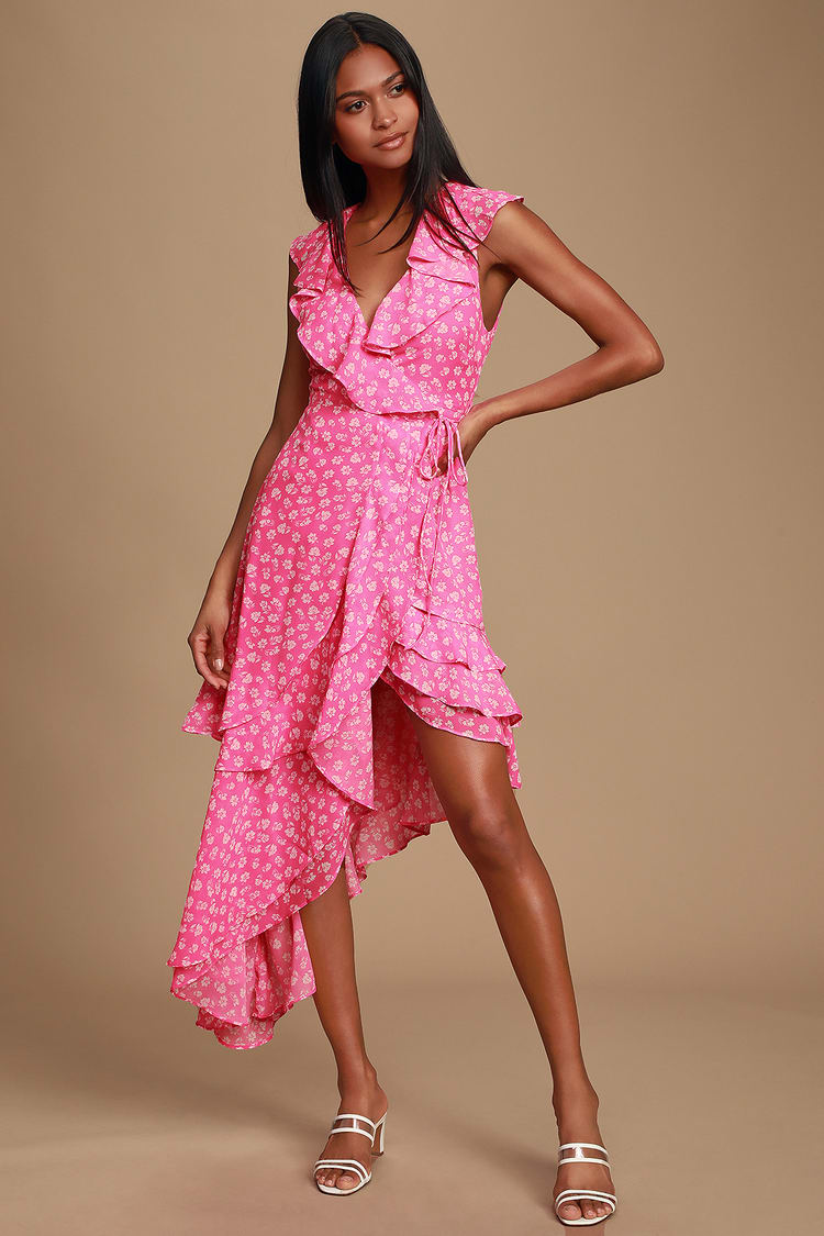Pink Floral Print Dress - Satin Midi Dress - Surplice Dress - Lulus