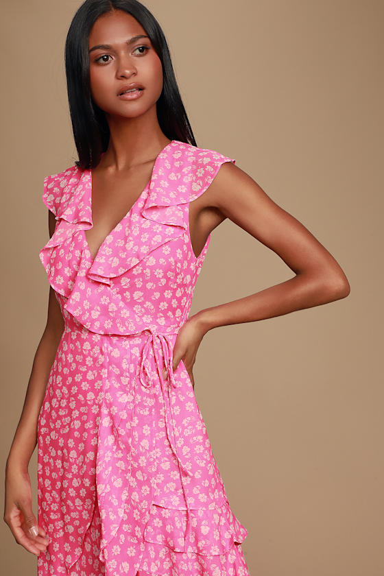 Cornelia Fuchsia Pink Floral Print Ruffled Wrap Midi Dress 7