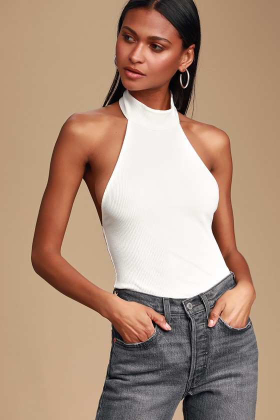  Cute  White Top Mock Neck Top Halter  Top Ribbed Knit 