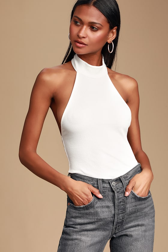 Donnelly White Ribbed Mock Neck Halter Top 7