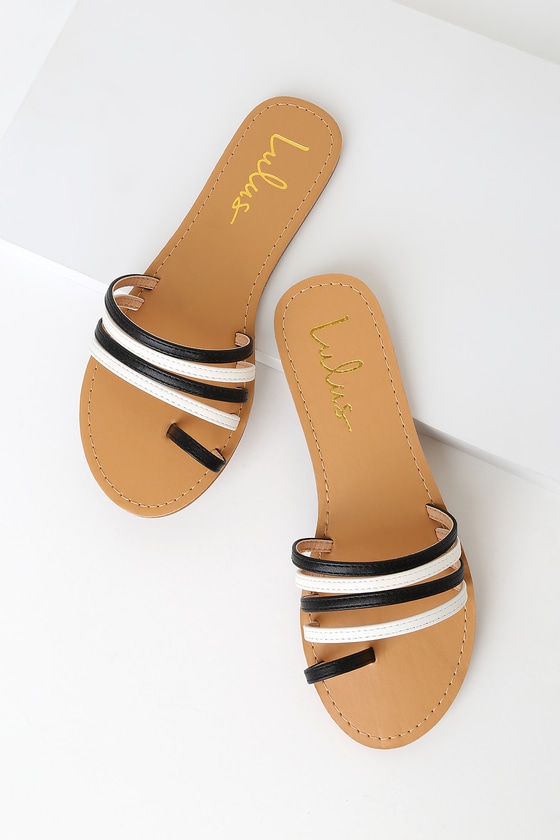 Cute Black and White Sandals - Slide Sandals - Flat Sandals - Lulus