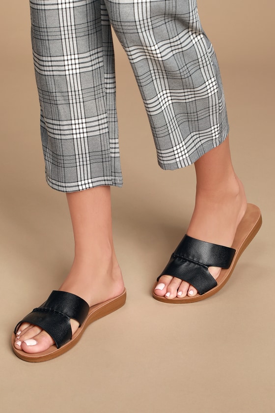 Cute Black Slide Sandals - Vegan Leather Sandals - Peep-Toe Shoes