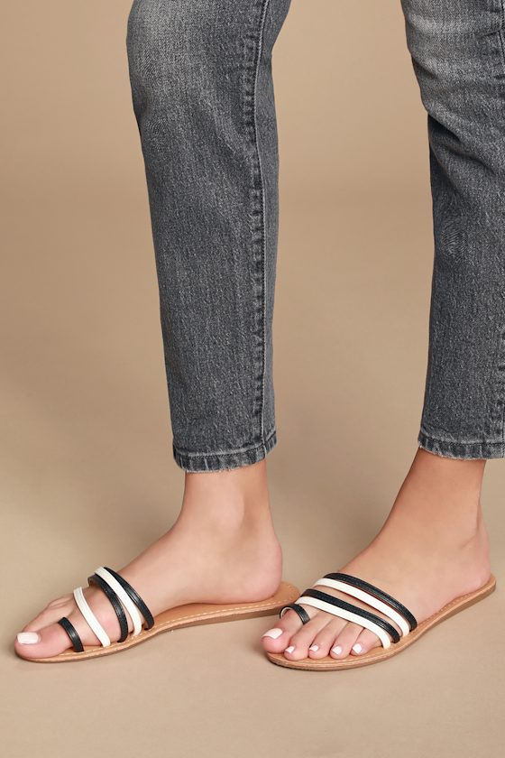 Cute Black and White Sandals Slide Sandals Flat Sandals Lulus