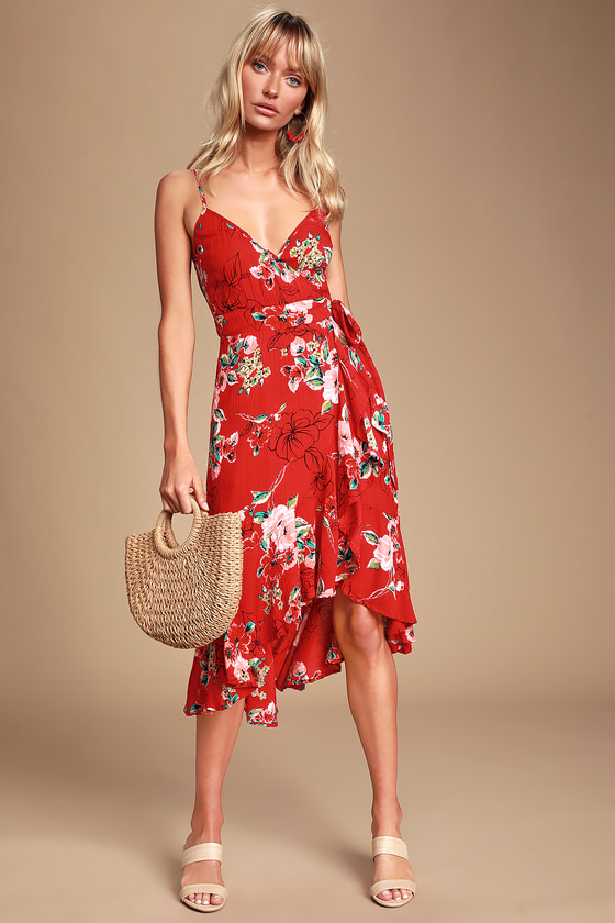 Red Wrap Dress Floral Factory Sale, 50 ...