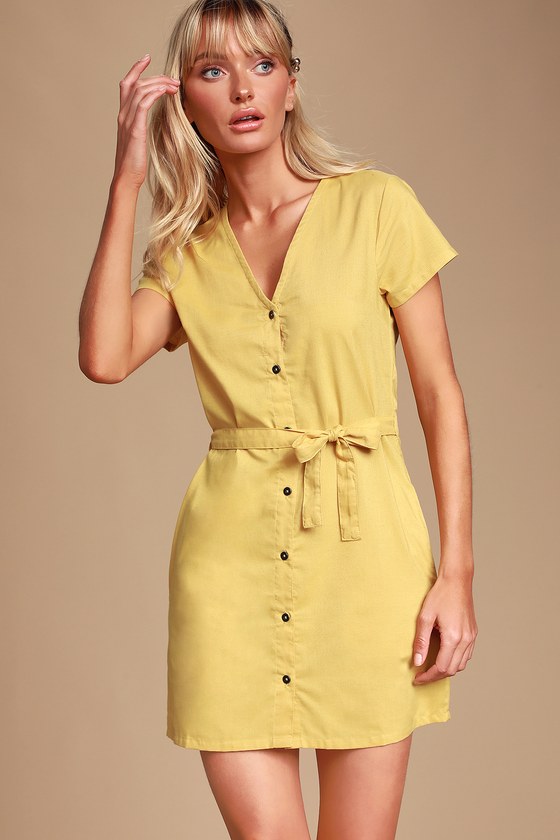 yellow dress with buttons down the front