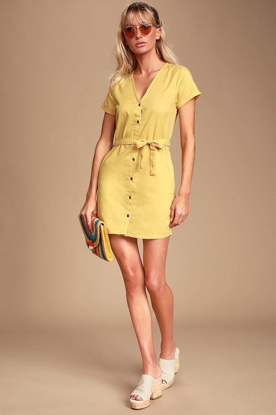 yellow dress with buttons down the front