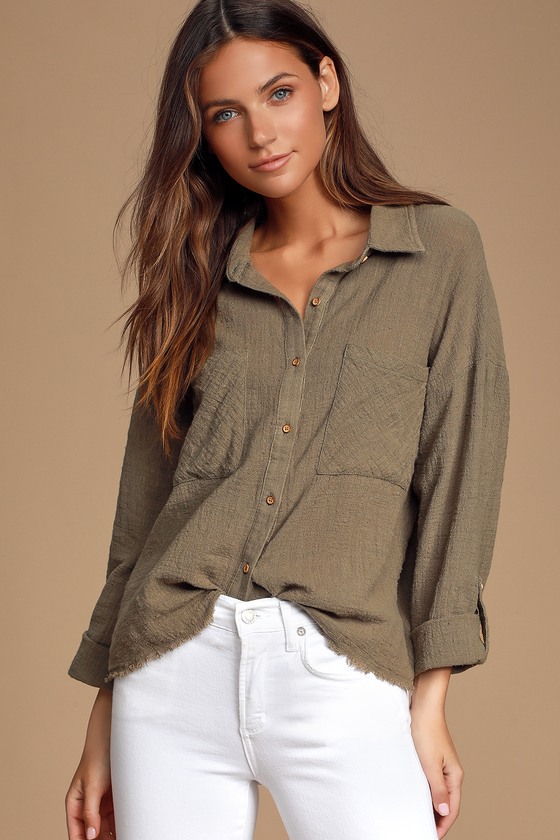 Cute Olive Green Top - Button-Up Top - Long Sleeve Shirt - Top - Lulus