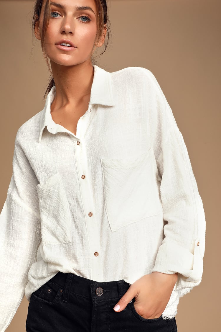 Cute White Top - White Button-Up Top - Long Sleeve Shirt - Blouse - Lulus
