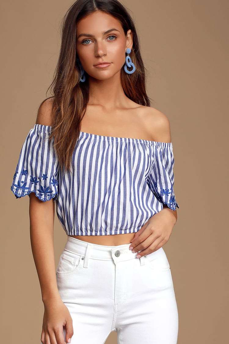 Cute Blue Striped Off-the-Shoulder Embroidered Crop Top - Lulus