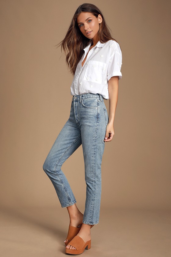 high rise light wash jeans
